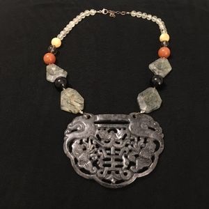 Sterling Silver, Carved Charcoal Jade, Quartz, Onyx, and Prehnite Necklace